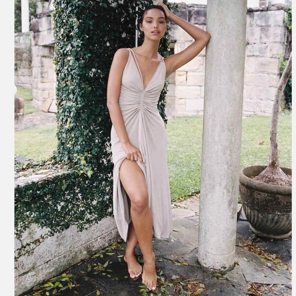 Beige Ruched V-Neck Midi Dress - Picture 5 of 11